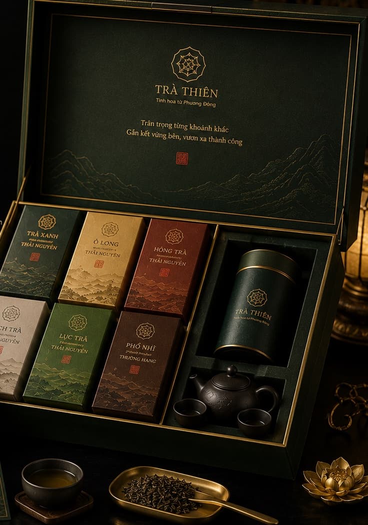 Hộp Trà Hoàng Kim — Đỉnh cao trao gửi — tuyệt phẩm trà cổ thụ và thiệp viết tay.
