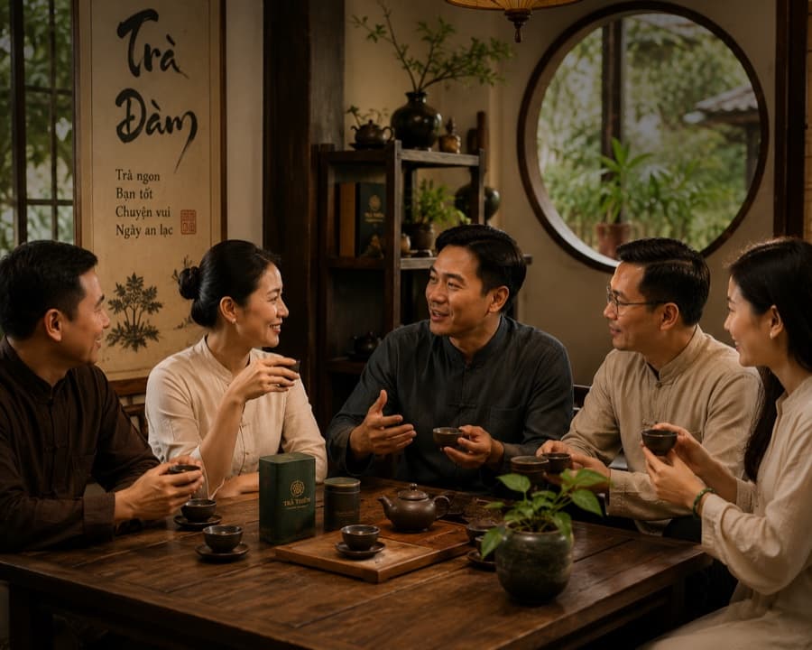 Buổi trà đàm — năm người bạn quây quần bên bàn trà gỗ